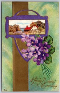 Vtg A Loving Birthday Greeting Purple Violets Gold Gilt Embossed Unused Postcard