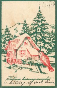 Christmas winter seasonal scenic landscape fantasy greetings drawn watermill 