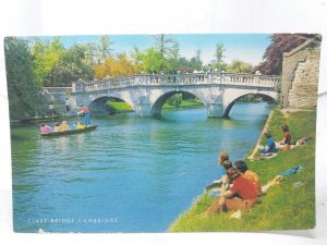 People Watching Boats on River Cam at Clare Bridge Cambridge Vtg Postcard 1970s