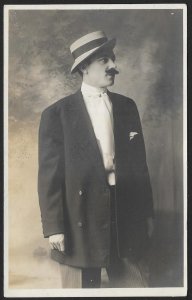 Man with Mustache in Suit & Hat RPPC Unused c1910s