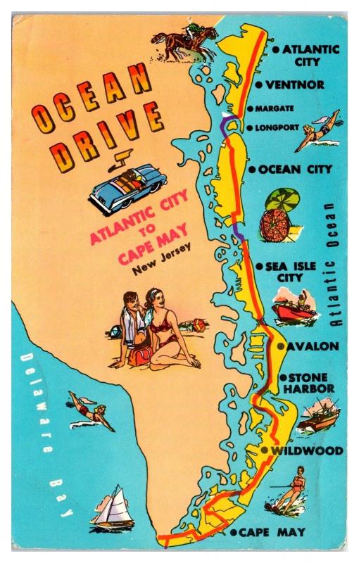1960s Ocean Drive Map Atlantic City to Cape May, NJ Jersey Shore Map Postcard