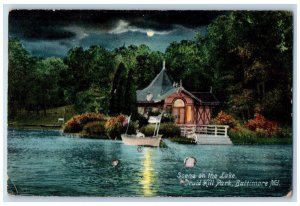 1908 Night Scene Lake Druid Hill Park House Boat Baltimore Maryland MD Postcard 