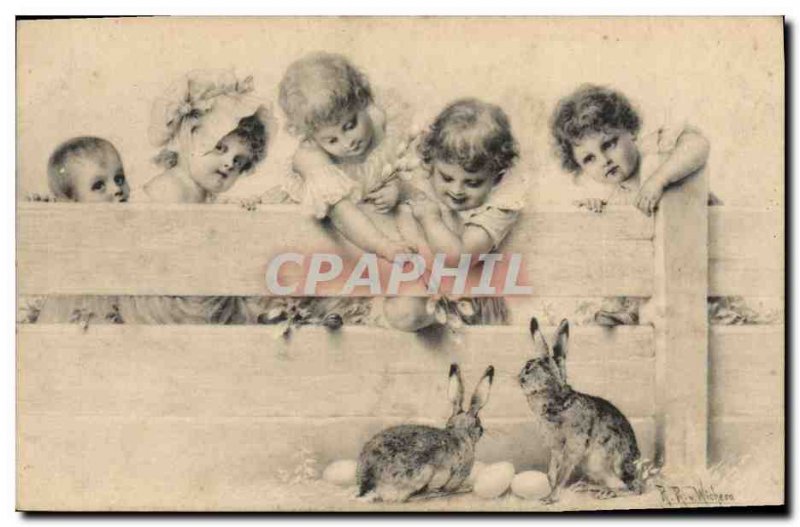 Old Postcard Bunny Rabbits Children