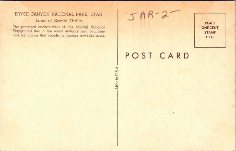 Bryce Canyon National Park Utah US Western Rock Formation UNP VTG Postcard 