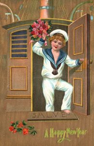 Vintage Postcard 1910's A Happy New Year Greetings Salve Navy Boy w/ Flowers
