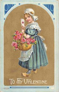 To My Valentine Girl Carrying Basket of Pink Roses Greetings 1910  postcard