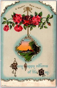 A Happy New Year Many Happy Returns Red Roses Flower Countryside Postcard