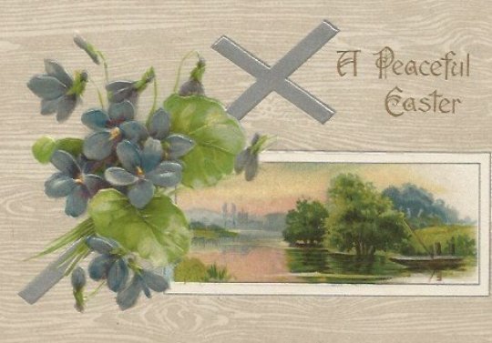 Purple Violets and Silver Cross Overlay Peaceful Lake Scene Vintage Postcard