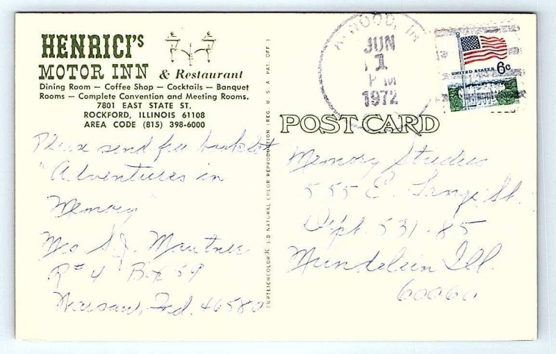 ROCKFORD, IL Illinois ~ HENRICI'S MOTOR INN & Restaurant  1972 Roadside Postcard