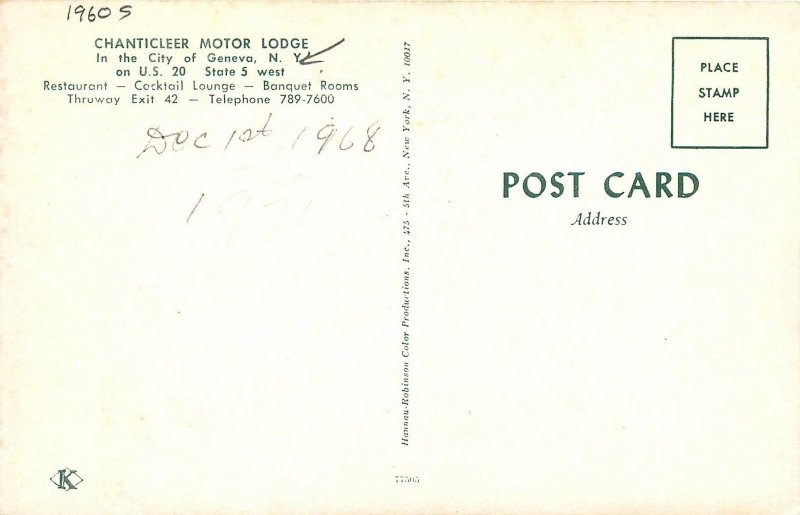 1960s Genova New York Chanticleer Motor Lodge Swimming Pool Postcard 25-11316