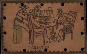 Men Playing Poker Gambling Real Leather Novelty c1910 Vintage Postcard