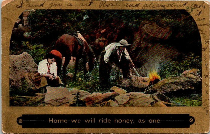 VTG Postcard Valentine Home We Will Ride Horse Theochrome Song Series  1137 1c