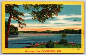 Greetings From Cambridge Wisconsin~View From Lake Shore~Vintage Linen Postcard