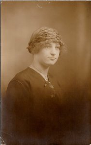 Woman Portrait Unique Braided Hair Style with Rings c1910 RPPC Postcard A25