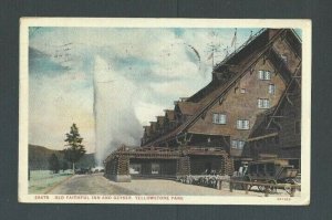 1933 Post Card Old Faithful Inn & Geyser In Yellowstone Park