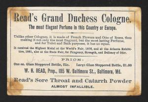 VICTORIAN TRADE CARD Read's Duchess Cologne Pretty Girl