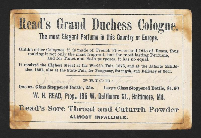 VICTORIAN TRADE CARD Read's Duchess Cologne Pretty Girl