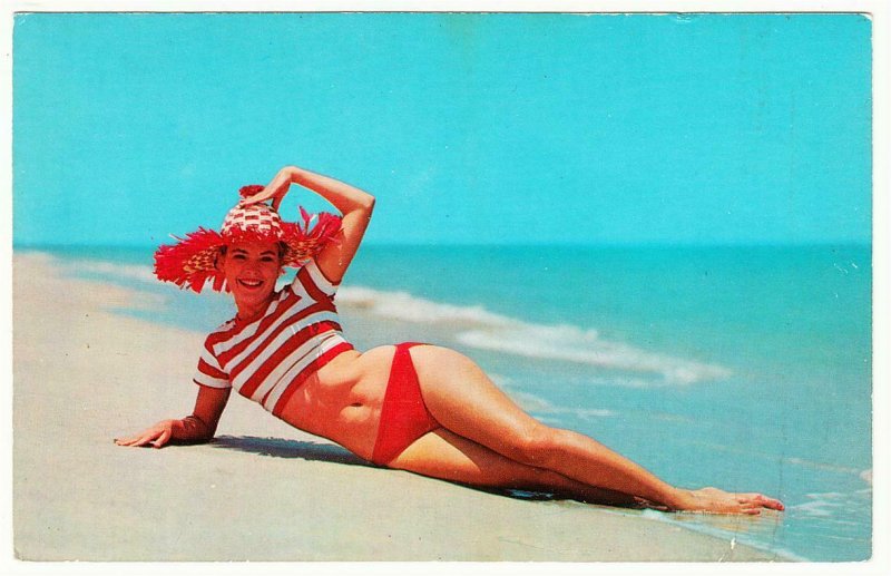 Bathing Beauty Pinup Postcard #3 Hold Your Hat by Dexter Press 1950s-1960s