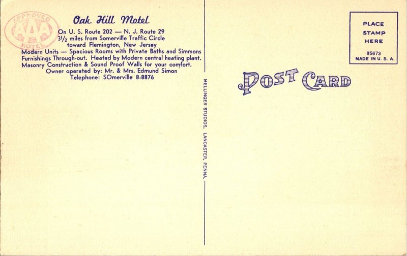 Oak Hill Motel, Somerville NJ Vintage Postcard N43