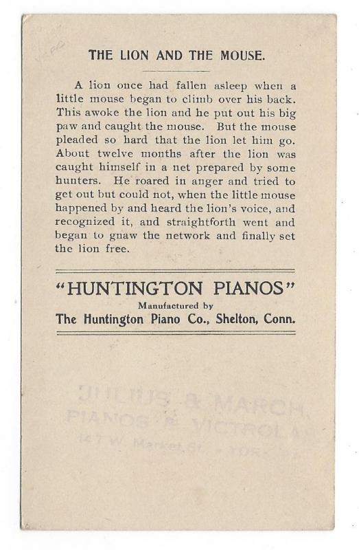 Victorian Trade Card Huntington Pianos Lion and the Mouse 