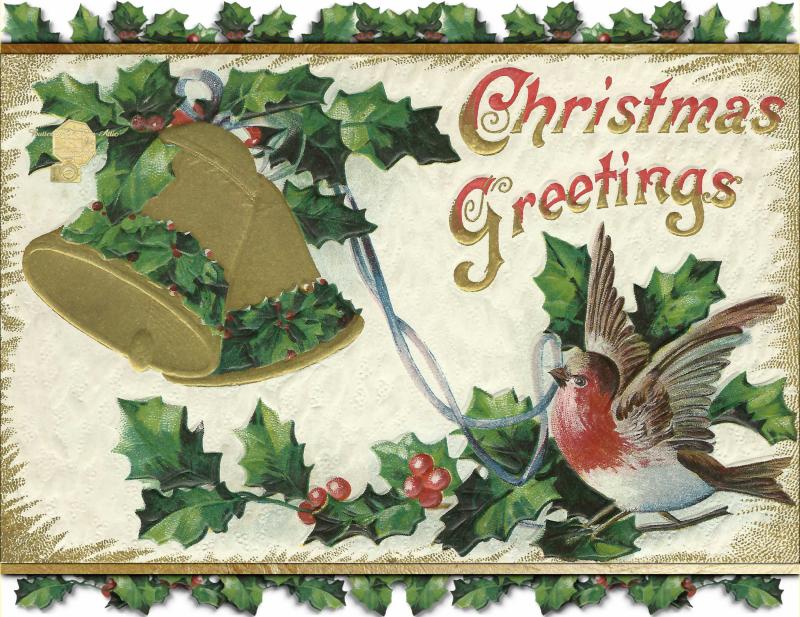 Set of 6 repurposed Christmas Postcards, Snowbird with Ribbon In Beak Gold Bell