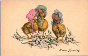 Chicks Wearing Bonnets, Easter Greetings Vintage Postcard T40
