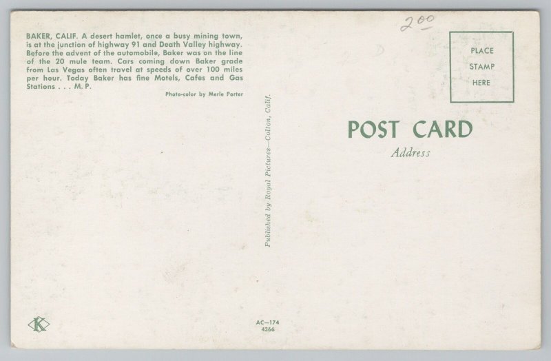 Baker California~Mining Town~Desert Hamlet~Vintage Postcard 