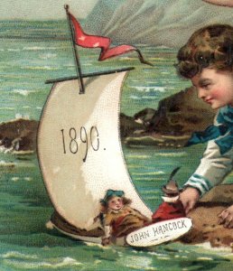 1890 Victorian Trade Card Children Sea Rocks Toy Sailboat & Dolls #6F