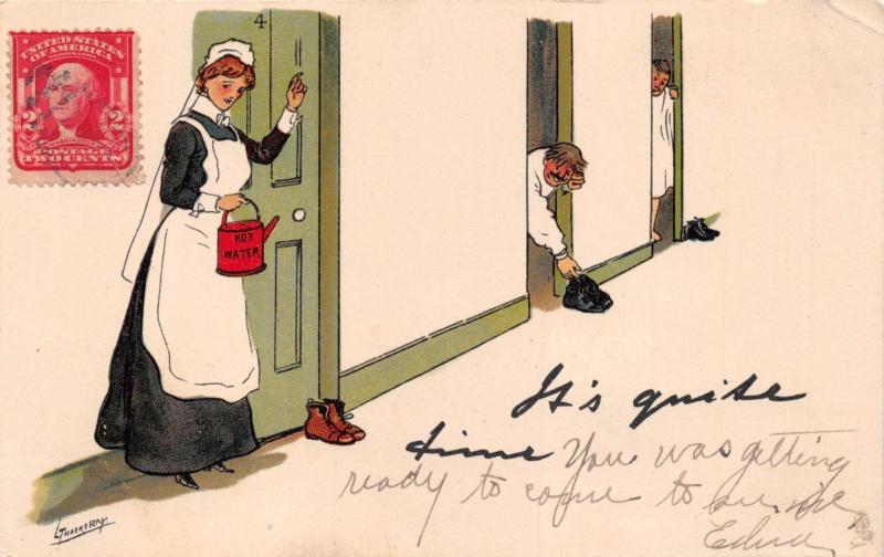 IT'S QUITE TIME..NURSE HOT WATER~THACKERY ARTIST SIGNED~TUCK WRITE AWAY POSTCARD