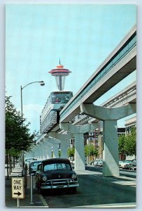 Seattle Washington Postcard Monorail Trains Downtown Station Westlake Mall 1960