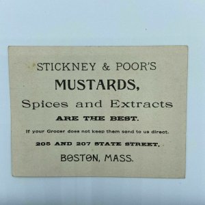 Stickney & Poor’s Mustards Boy Girl Dog Swan State St Boston Mass Trade Card