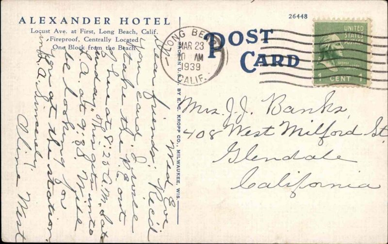 Long Beach California CA Alexander Hotel c1930s-40s Linen Postcard