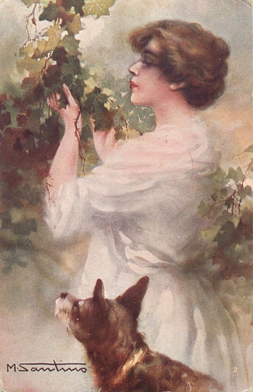 Italian illustrator M. Santino beauty lady with dog