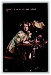 Vintage 1910's Valentines Colorized Photo Postcard Cute Girl Sits at her Desk