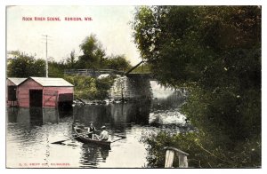1910 Rock River Scene, Boat, Bridge, Horicon, WI Postcard