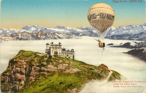 c1907 Postcard; Gruss vom Rigi Kulm Switzerland, Balloon Flying over Castle