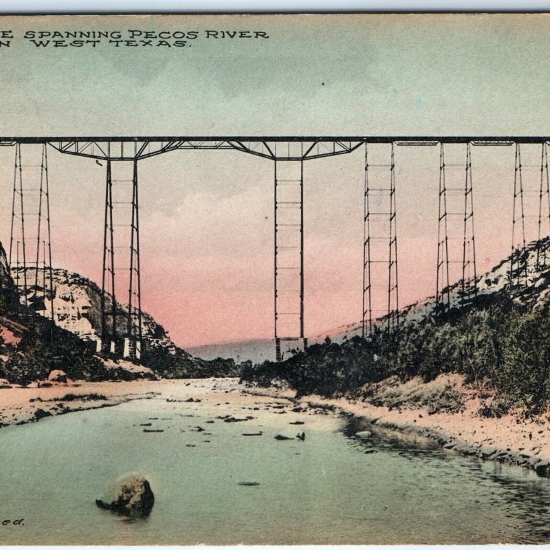 c1910s West Texas High Bridge Pecos River Hand Colored Postcard Antiquitech A90