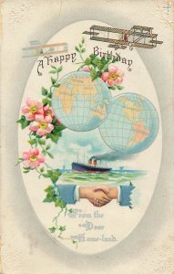 HAPPY BIRTHDAY-BI PLANES-STEAMER SHIP-GLOBES-HANDHAKE~1912 B B LONDON POSTCARD