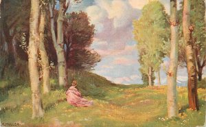 B580 Idyllic landscape female figure sitting on grass surrounded by trees Muller