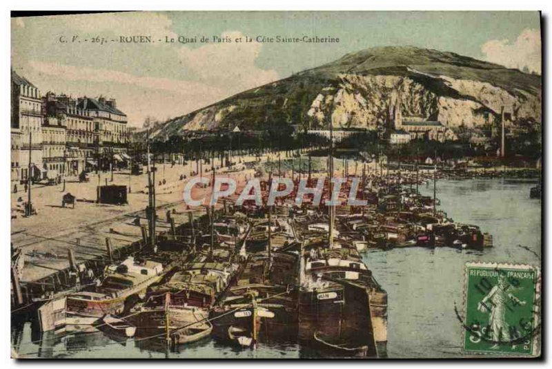 Old Postcard Rouen Le Quai de Paris and the Cote Sainte Catherine Boat