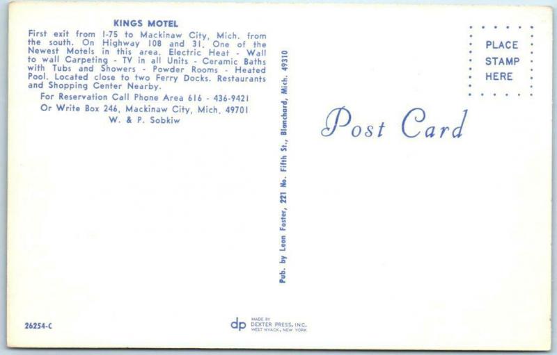 MACKINAW CITY, Michigan  MI   Roadside KINGS MOTEL Swimming Pool   Postcard