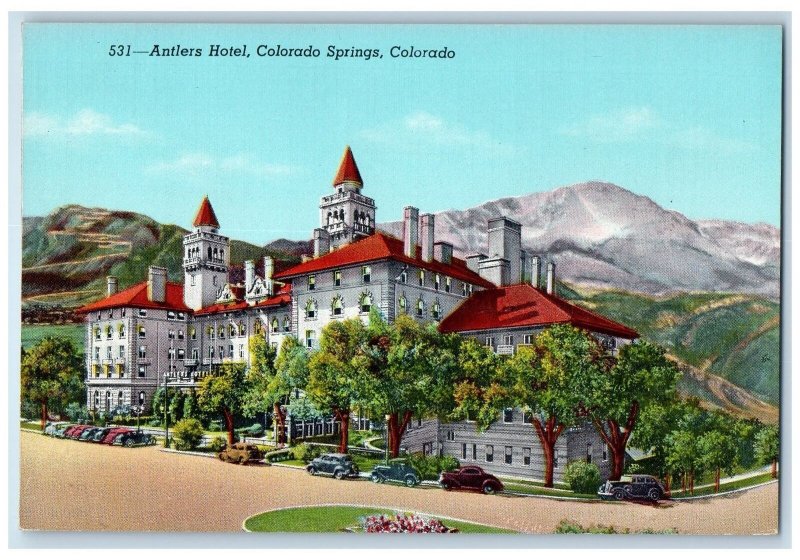 Colorado Springs Colorado CO Postcard Antlers Hotel Exterior Roadside c1940's