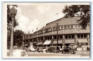 Des Moines Iowa IA Postcard RPPC Photo Live Stock Pavilion State Fair Cars Scene