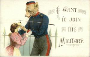 Dog Fantasy Clothing Wife Husband I WANT TO JOIN THE MILITARY c1910 Postcard