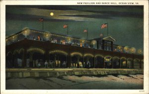 Ocean View VA Pavilion & Dance Hall at Night c1920 Postcard