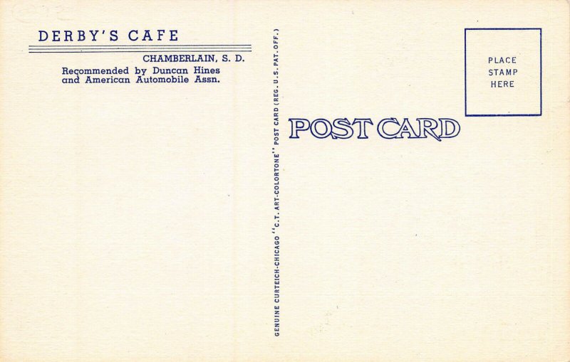 Derby's Cafe, Chamberlain, South Dakota, Early Postcard, Unused 