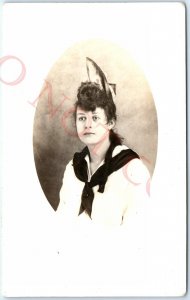 c1910s Cute Lady Girl Sailor Scarf RPPC Unicorn Hat Long Hair Real Photo PC A140