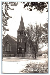 West Union Iowa IA Postcard RPPC Photo Methodist Church Scene Street c1940's