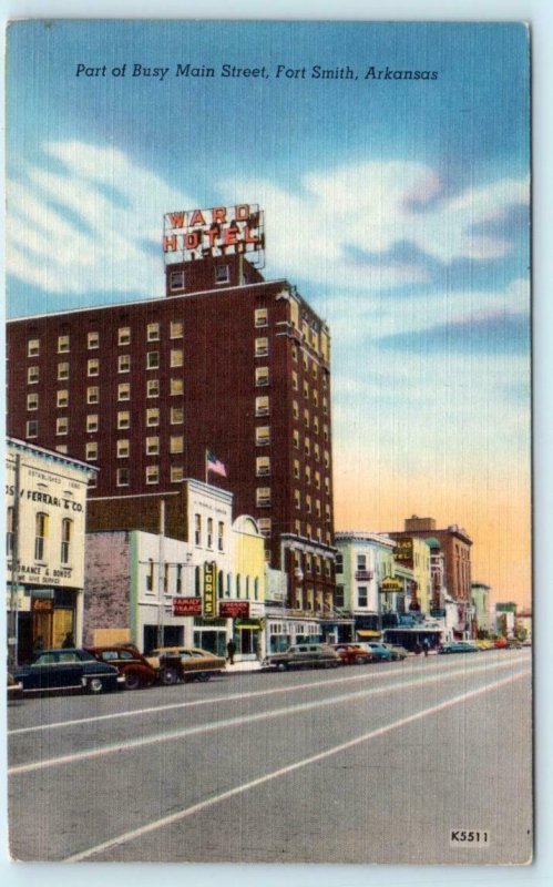 FORT SMITH, Arkansas AR ~ MAIN STREET Scene WARD HOTEL c1940s Linen Postcard