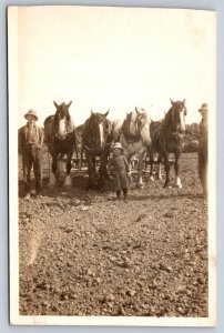 Horse Team & Plow, Named Farmers & Child, Canada, c1910 Real Photo Postcard RPPC